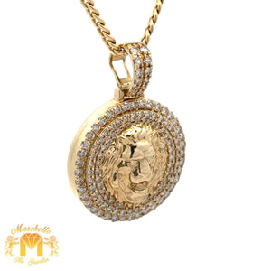 14k Yellow Gold and Diamond Lion Head Round Shaped Pendant and 14k Yellow Gold Cuban Link Chain