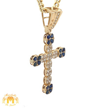 Load image into Gallery viewer, 14k Yellow Gold and Diamond Blue Sapphires Cross Pendant and Yellow Gold Cuban Link Chain Set