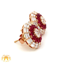 Load image into Gallery viewer, 3 piece deal: VVS/vs high clarity diamonds set in a 18k Gold Pear Cut Ruby Stone Circle Ring+ Earrings with Baguette and Round Diamonds + Gift from Marchello the Jeweler