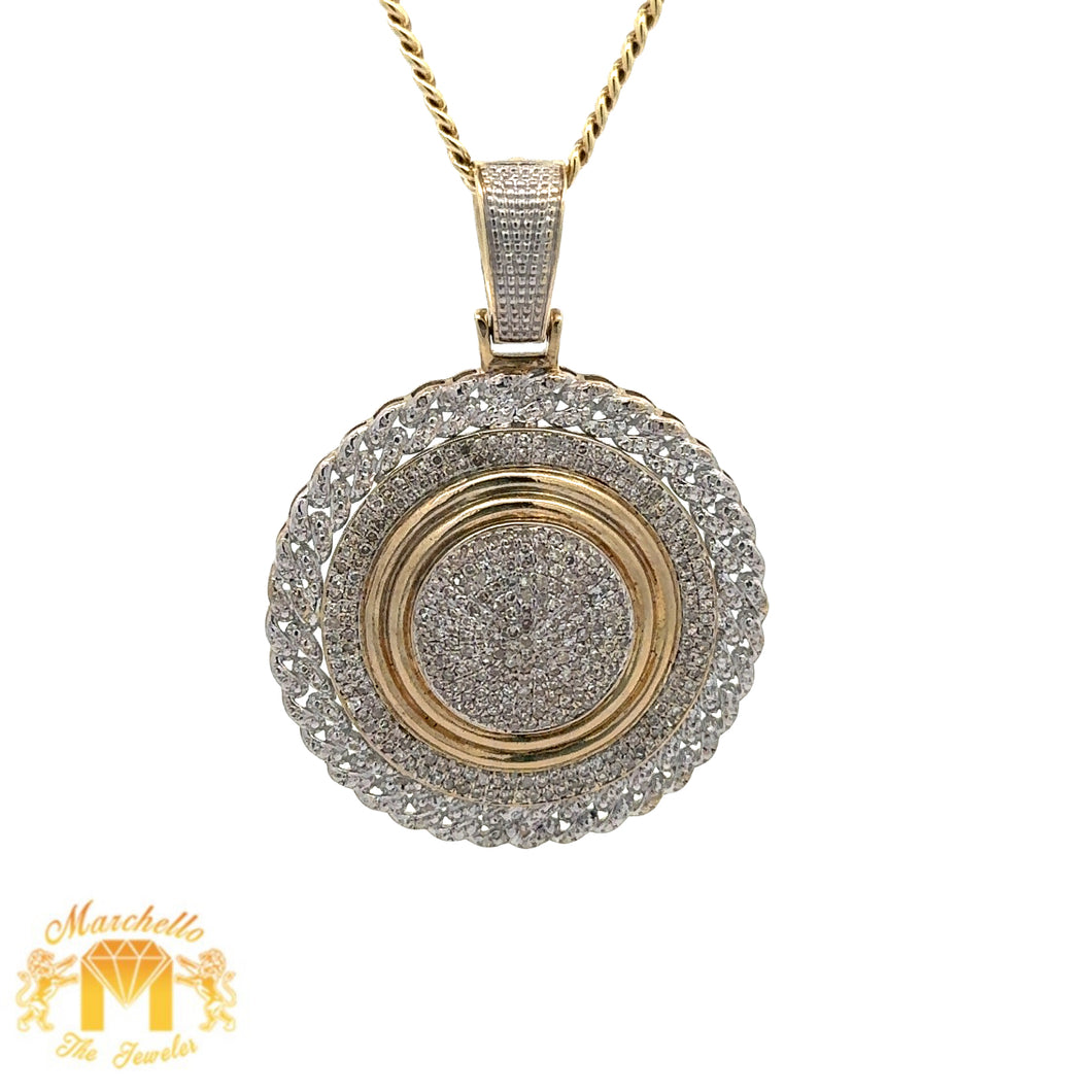 Yellow Gold and Diamond Round Pendant and Yellow Gold Cuban Chain