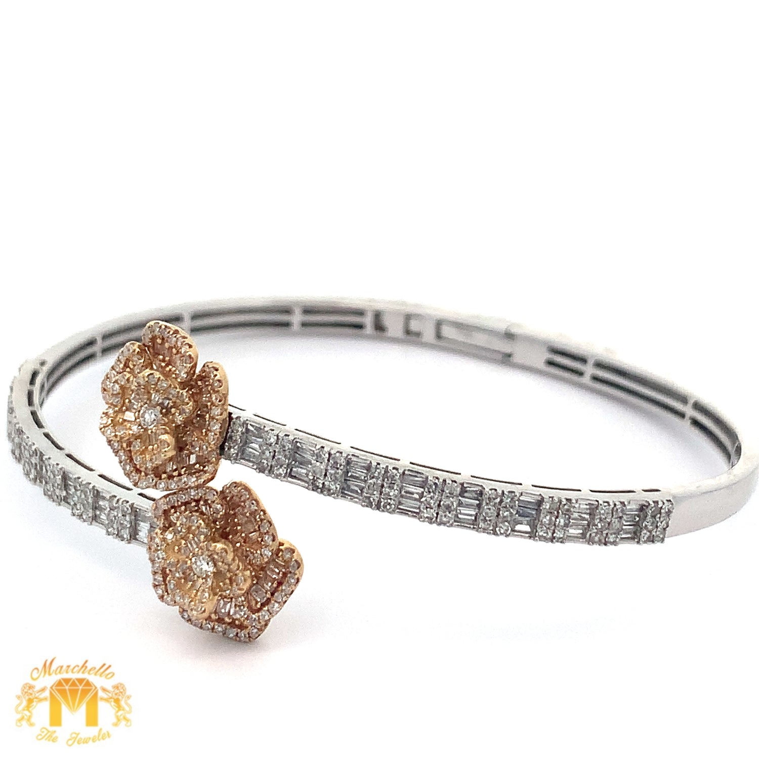 Gold and Diamond Twin Flower Bangle Bracelet with Round and Baguette Diamonds (choose your color)