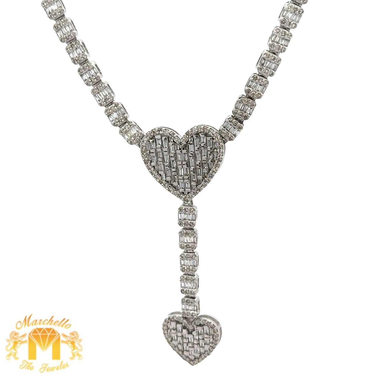 Gold and Diamond Heart Shape Necklace with Baguette and Round Diamonds
