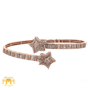 Gold and Diamond Twin Star Bangle Bracelet with Round and Baguette Diamonds (choose your color)