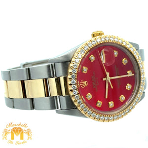 34mm Rolex Diamond Watch with Two-Tone Oyster Bracelet (diamond red mother of pearl dial, diamond bezel)