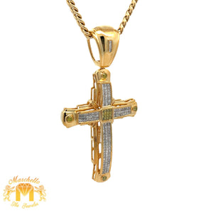 14k Yellow Gold and Diamond Cross Pendant and Yellow Gold Cuban Chain