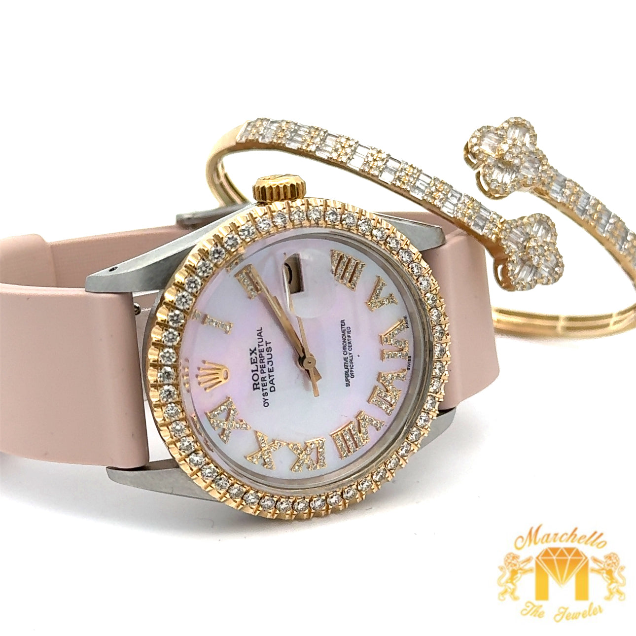 4 piece deal: 36mm Rolex Diamond Watch + Yellow Gold and Diamond Twin Flower Bracelet + Free pair of earrings + Gift from MTJ