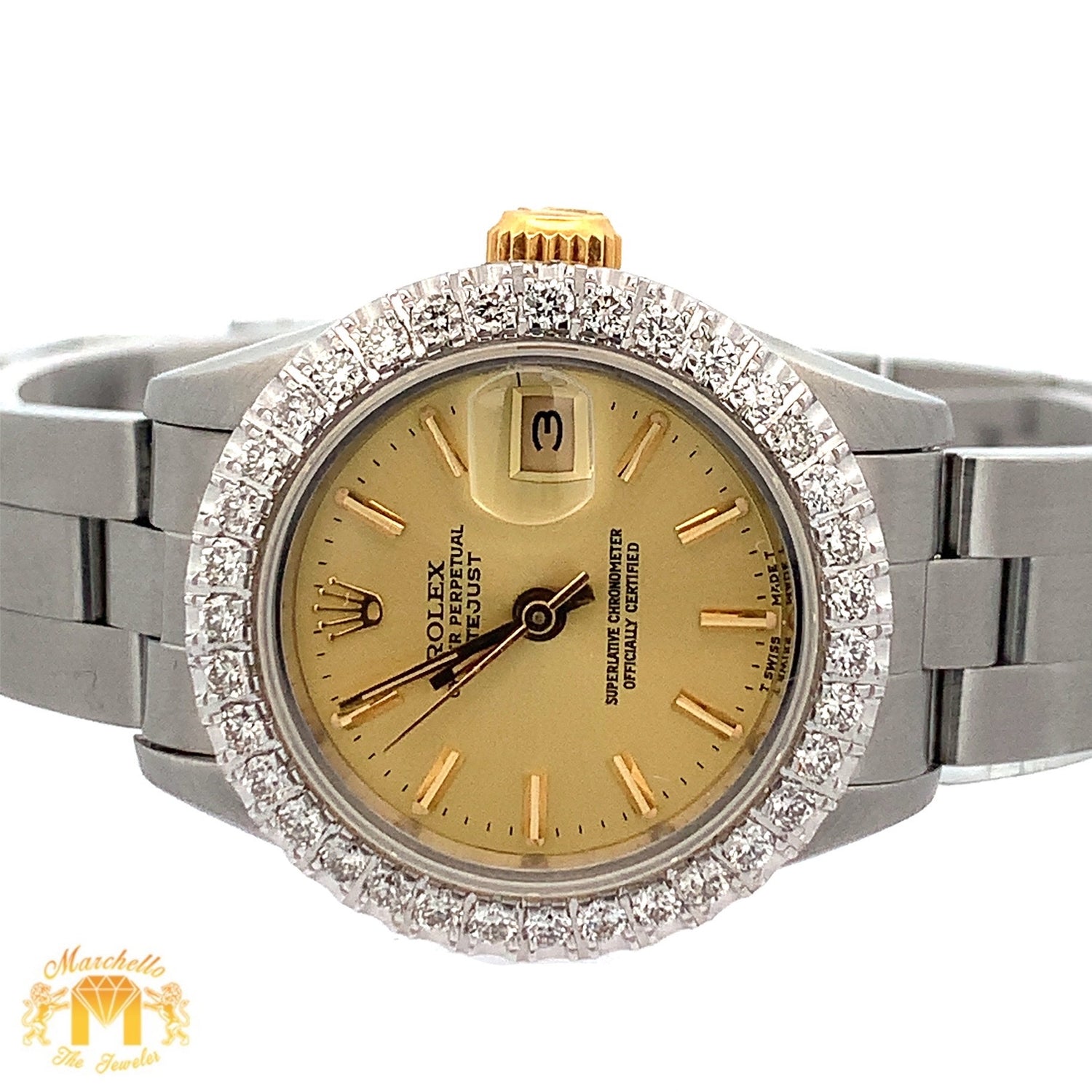 26mm Ladies`Rolex Datejust Watch with Stainless Steel Oyster Bracelet (diamond bezel, champagne dial)