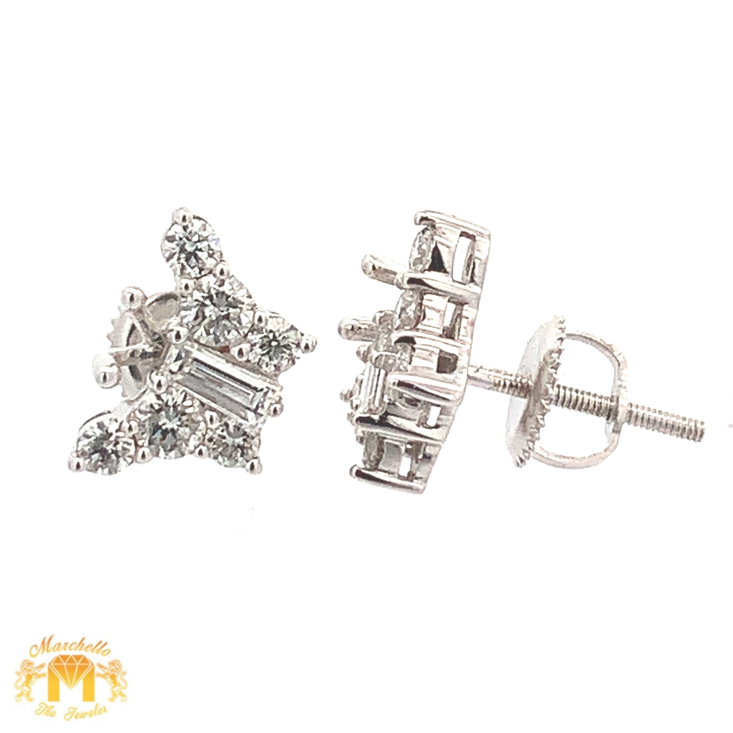 14k White Gold and Diamond Butterfly Earrings with Emerald cut and Round diamonds