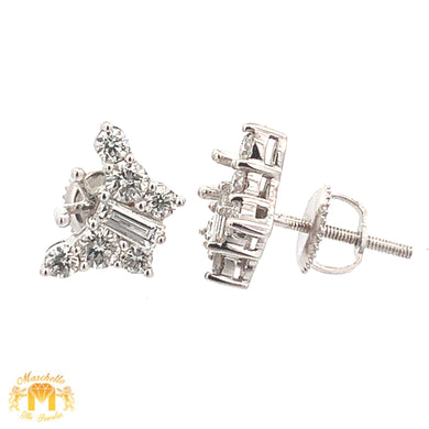 14k White Gold and Diamond Butterfly Earrings with Emerald cut and Round diamonds