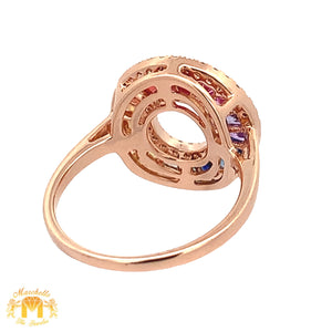18k Solid Rose Gold and VS clarity & EF color diamonds Round Shaped Ring with Multicolored Sapphires