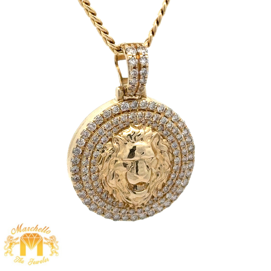 14k Yellow Gold and Diamond Lion Head Round Shaped Pendant and 14k Yellow Gold Cuban Link Chain