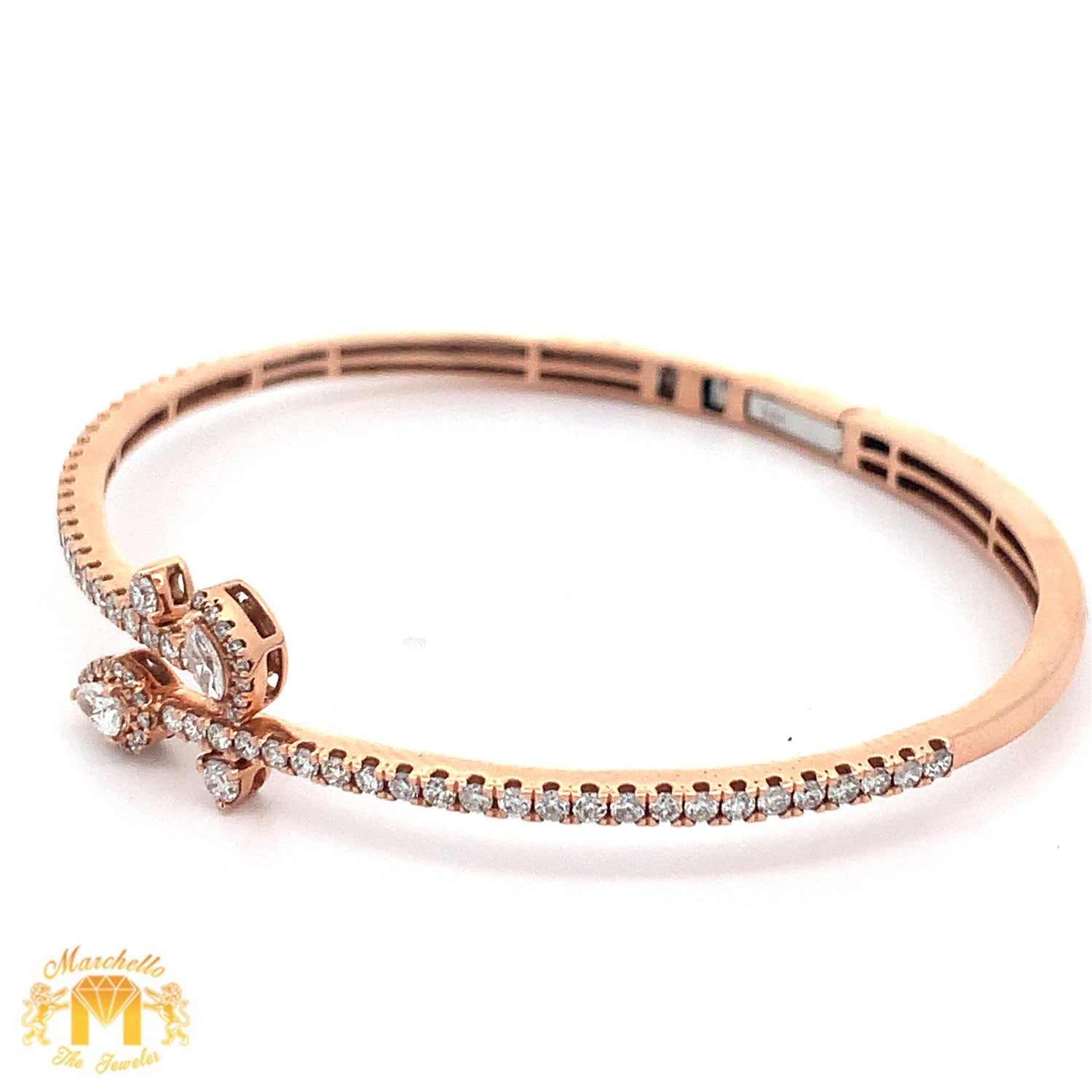 14k Gold and Diamond Floral Bangle Bracelet with Pear and Round Diamonds (choose your color)