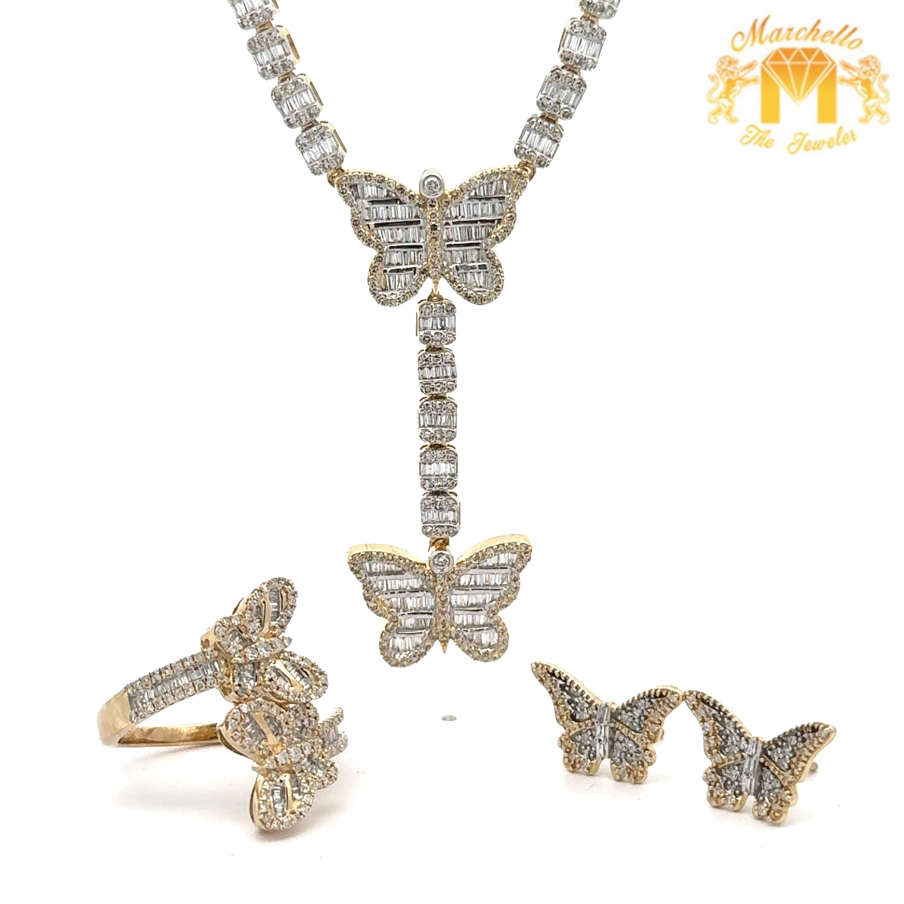 4 piece deal: 6.09ct diamonds and gold Butterfly Necklace+ Gold and Diamond Butterfly Ring and Earrings + Gift