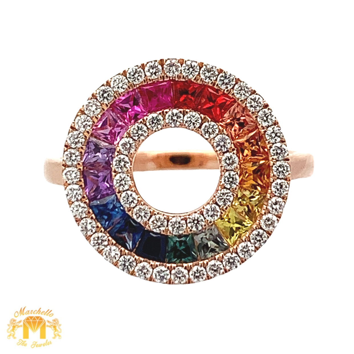 18k Solid Rose Gold and VS clarity & EF color diamonds Round Shaped Ring with Multicolored Sapphires