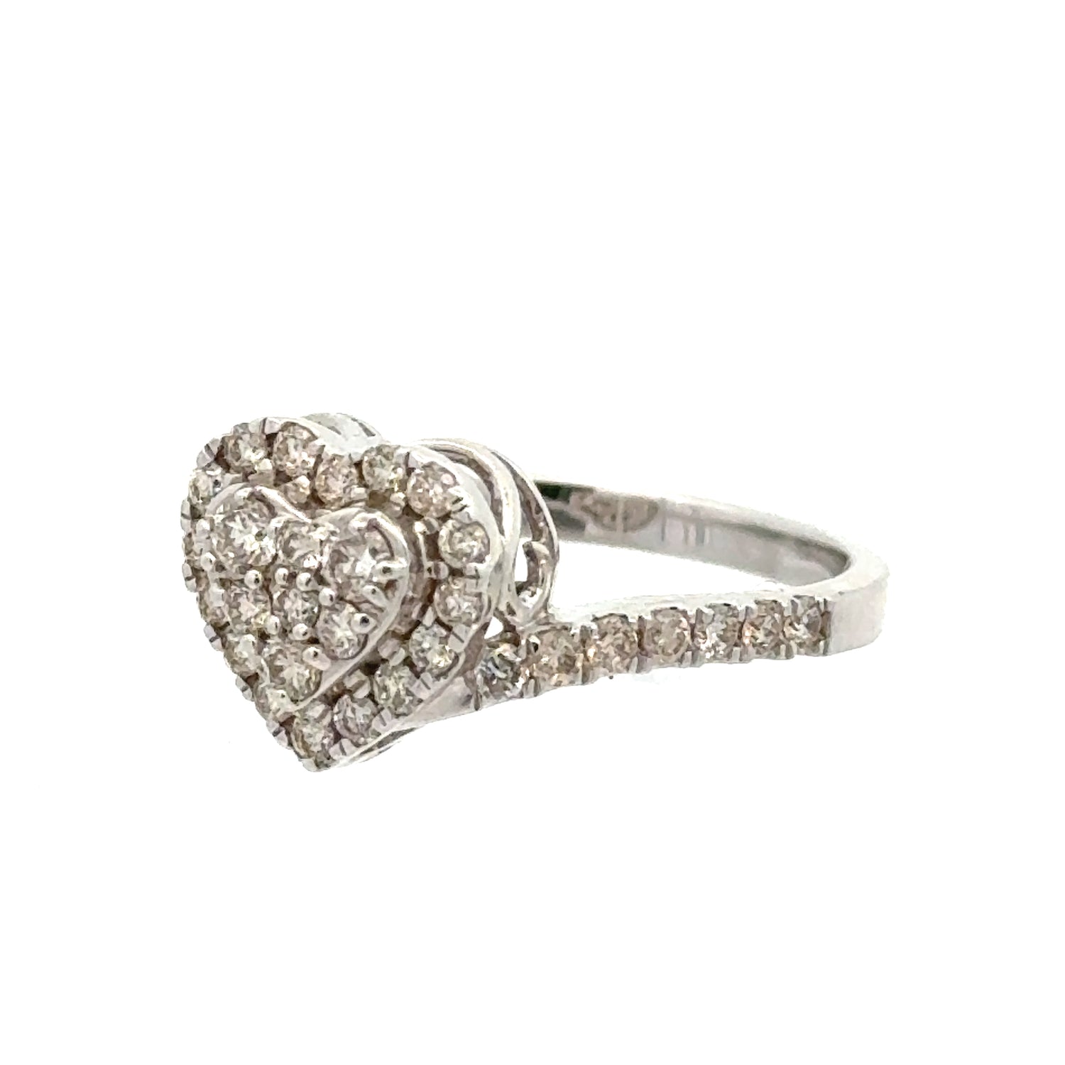 14k White Gold and Diamond Heart Ring with Round Diamond