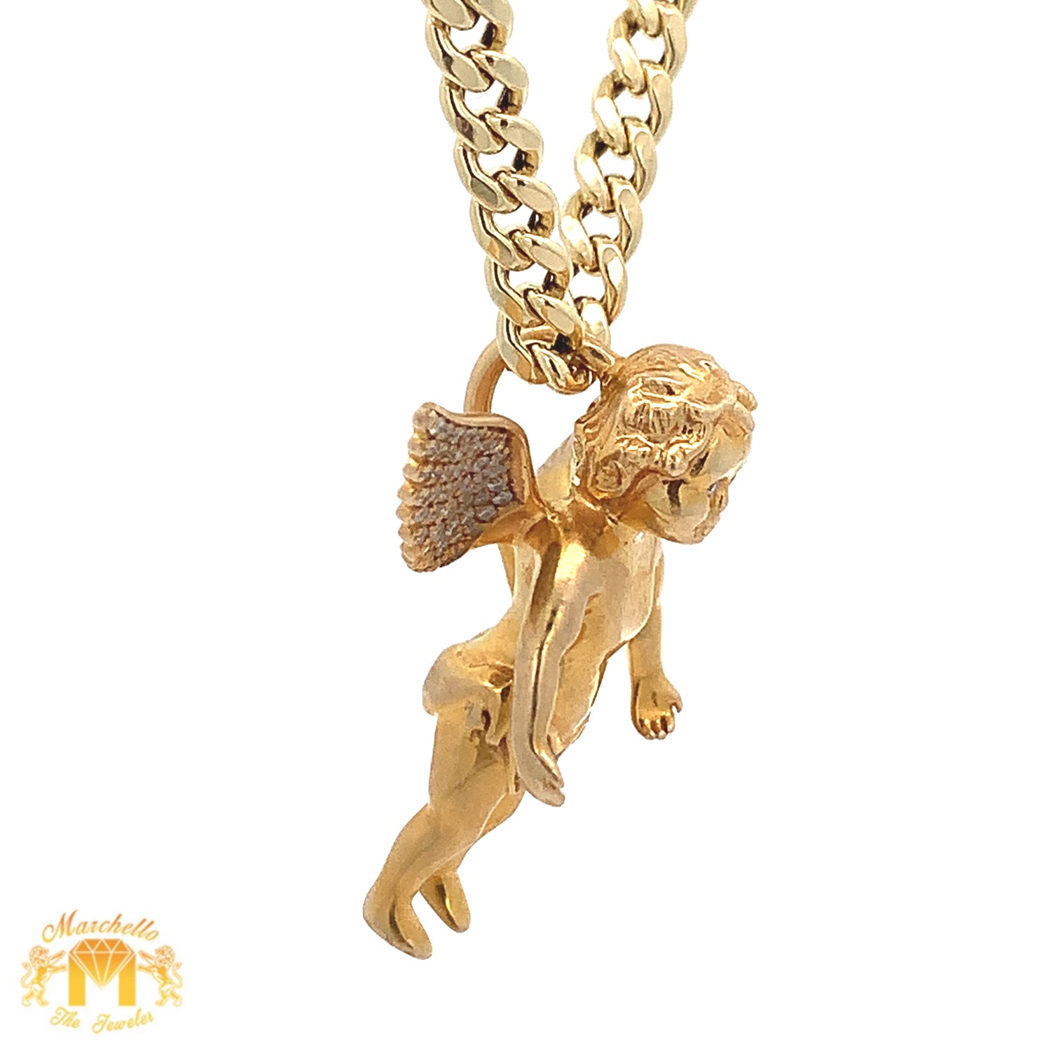 14k Yellow Gold Angel Pendant with Round Diamonds and 14k Yellow Gold Cuban Link Chain Set