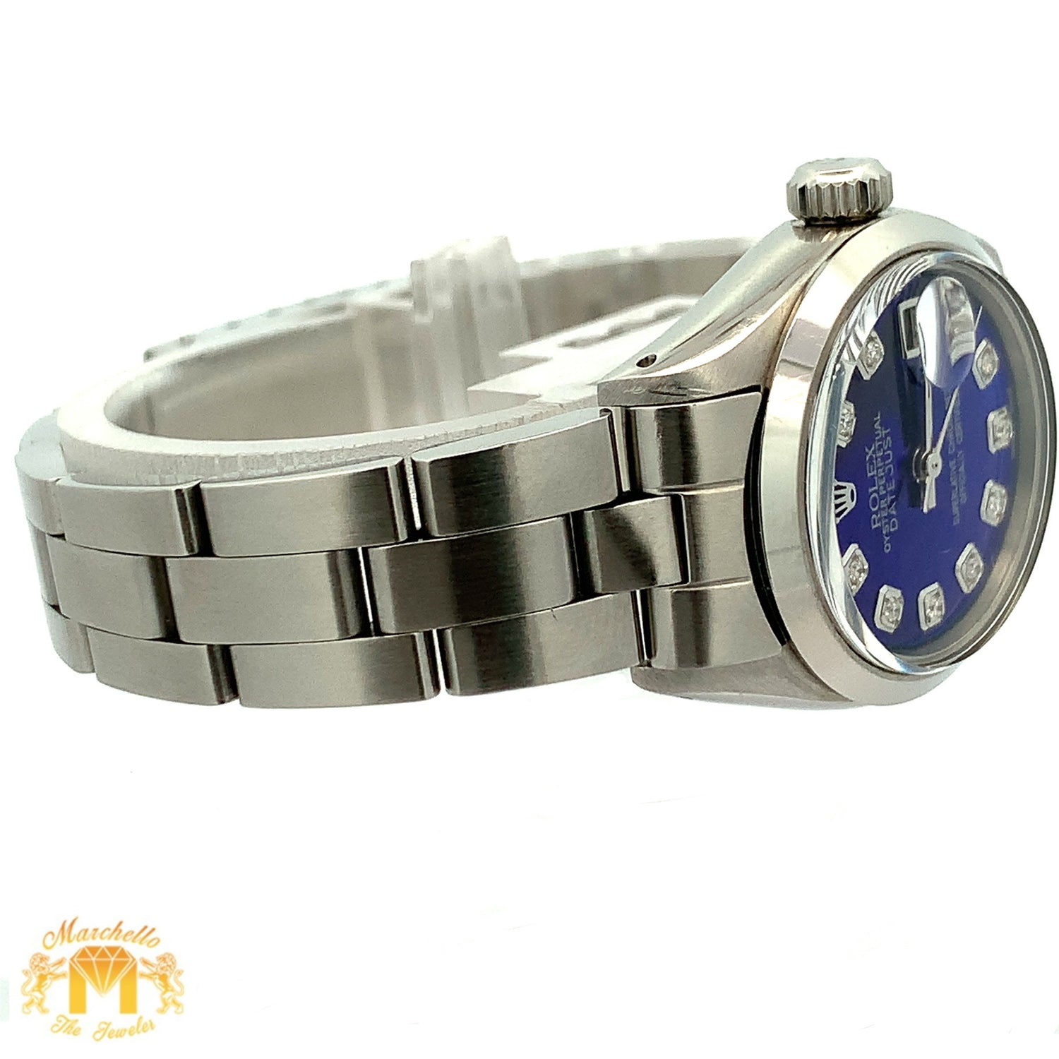 26mm Ladies`Rolex Watch with Stainless Steel Oyster Bracelet (blue mother of pearl (MOP) diamond dial, smooth bezel)