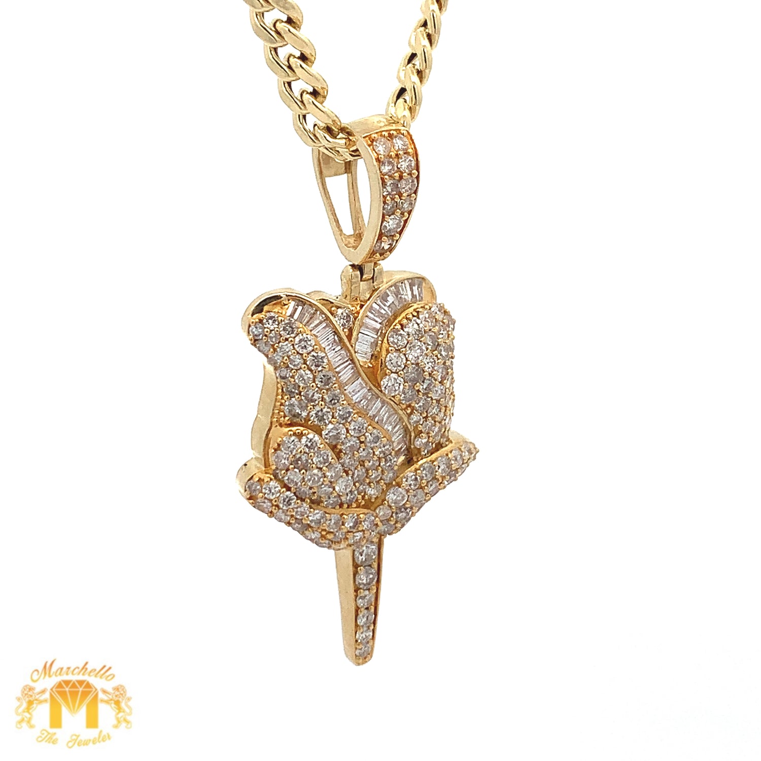 14k Gold and Diamond Extra Large Rose Pendant and 14k Gold Cuban Link Chain Set (choose your color)