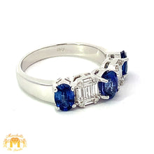 Load image into Gallery viewer, VVS/vs EF color high clarity diamonds set in a 18k Gold Celine Blue Sapphire Ring with Baguette Diamonds