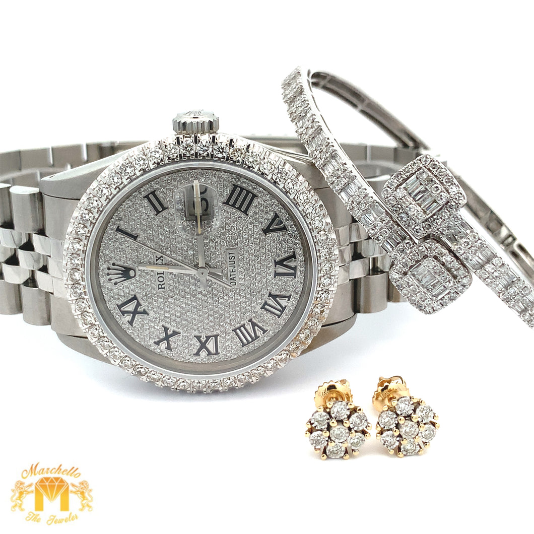 4 piece deal: 4ct Diamond 36mm Rolex Watch with Stainless Steel Jubilee bracelet + White Gold & Diamond Square Shape Bangle + Diamond and Gold Earrings Set+ Gift from Marchello the Jeweler
