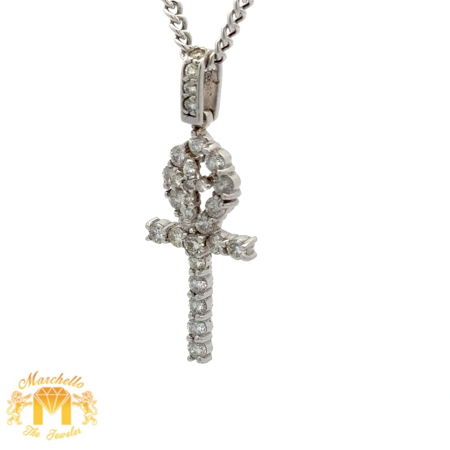 14k Gold and Diamond Ankh Pendant with Round Diamonds and Gold Cuban Link Chain (choose your color)