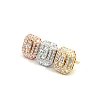 VVS/vs high clarity diamonds set in a 18k gold Rectangle Shaped Earrings with Baguettes and Round Diamond (choose your color)