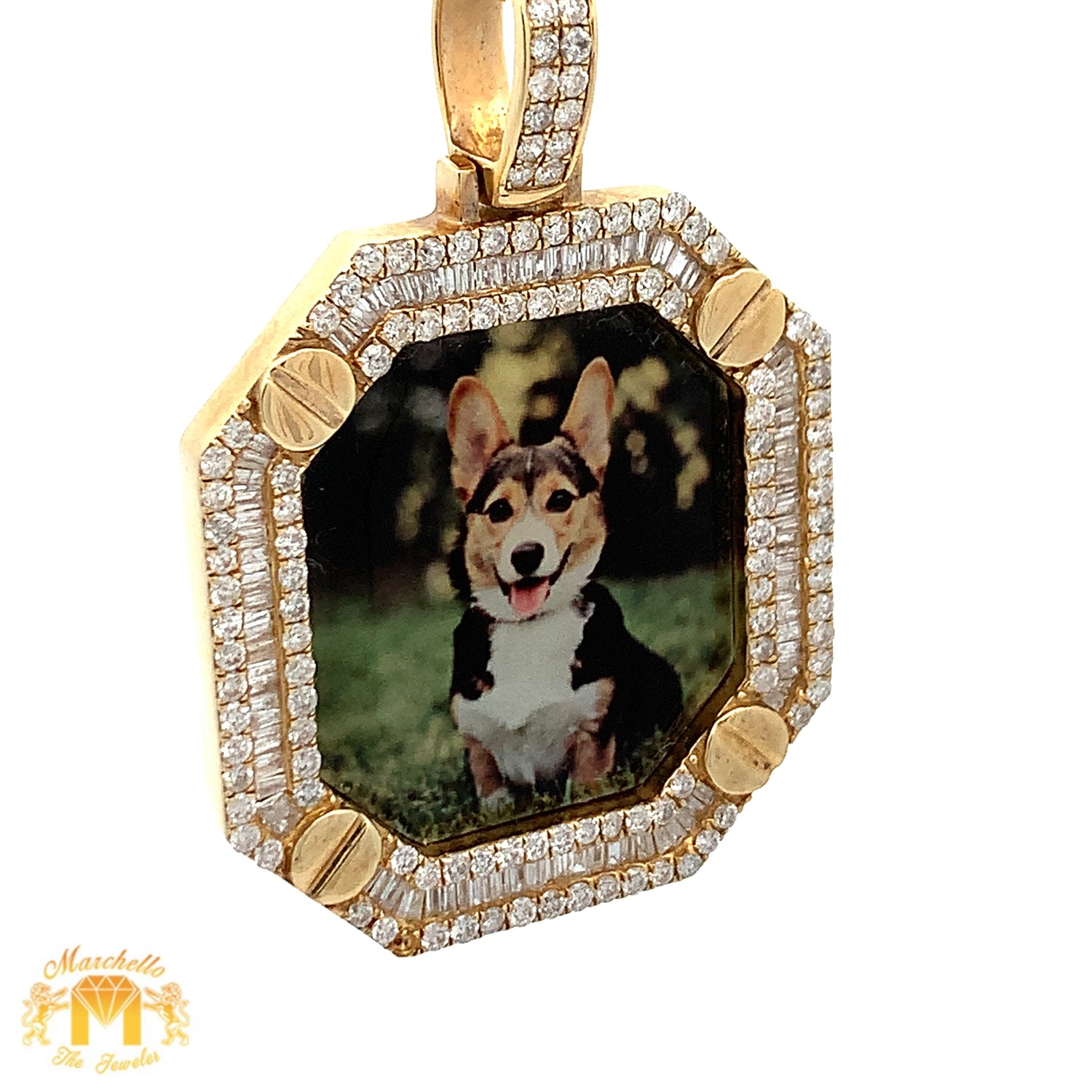 Yellow Gold and Diamond Memory Picture Pendant with Baguettes and Round Diamonds