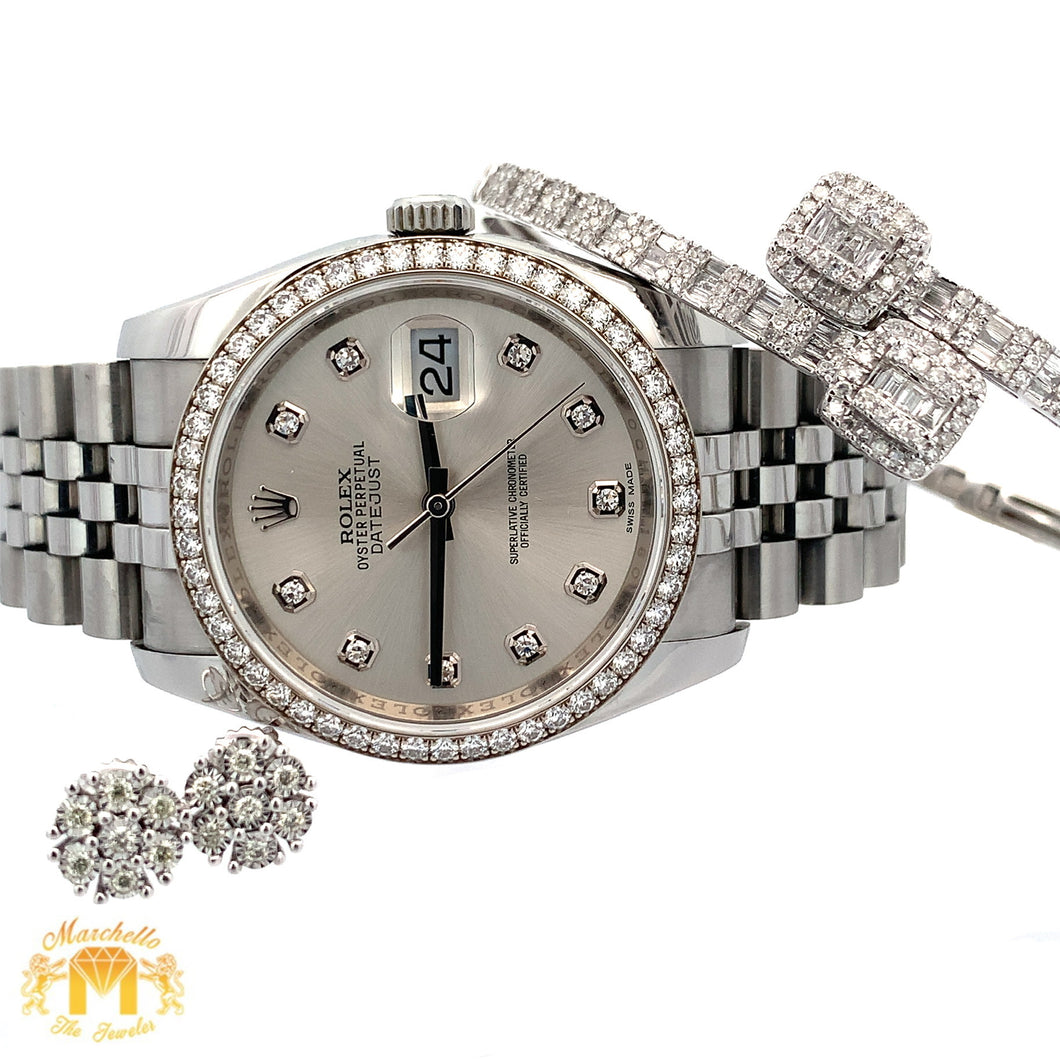 4 piece deal: Full factory 36mm Rolex Diamond Watch with Stainless Steel Jubilee Bracelet + White Gold & Diamond Twin Square Cuff Bangle + Gold & Diamond Flower Earrings Set+ Gift from Marchello the Jeweler
