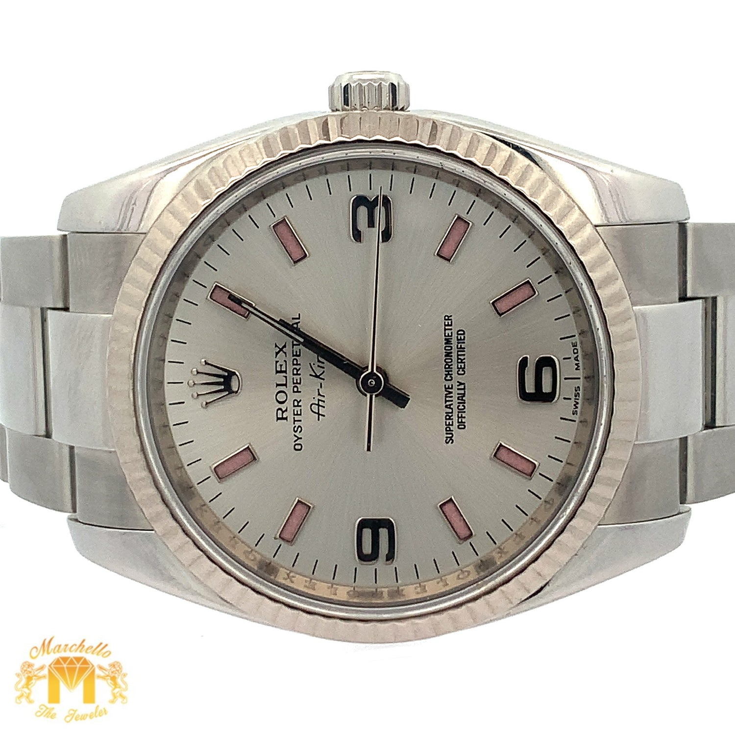 Full factory 34mm Rolex Air-King Watch with Stainless Steel Oyster Bracelet (engraved model, silver dial with pink hour markers)