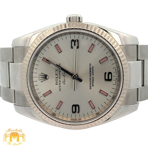 Full factory 34mm Rolex Air-King Watch with Stainless Steel Oyster Bracelet (engraved model, silver dial with pink hour markers)