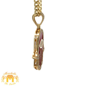 14k Yellow Gold and Diamond Hamsa Pendant and Yellow Gold Cuban Link Chain (choose your color)