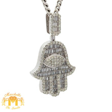 Load image into Gallery viewer, 14k Gold and Diamond Hamsa Pendant with Round and Baguette Diamonds and 14k Gold Cuban Link Chain Set (choose your color)