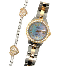 Load image into Gallery viewer, 4 piece deal: 26mm Rolex Watch with Two-Tone Oyster Bracelet + Gold and Diamond 3 Hearts Bracelet + Complimentary Earrings+ Gift from MTJ