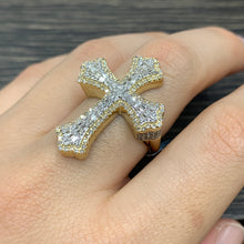 Load image into Gallery viewer, Yellow Gold and Diamond Cross Ring with Round and Baguette Diamonds