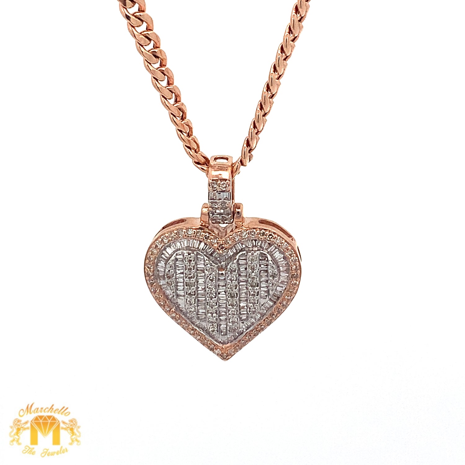 Gold and Baguette&Round Diamond Heart Shaped Pendant and Gold Cuban Link Chain (choose your color))
