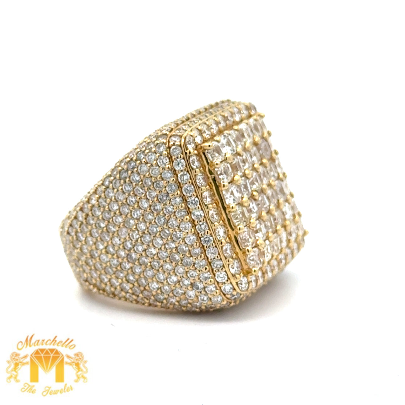 14k Yellow Gold and Diamond Men`s Ring with Round and Princess cut Diamonds