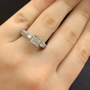 14k White Gold and Diamond Ladies` Ring with Princess cut and Round Diamonds