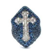 Load image into Gallery viewer, 11.92ct Sapphire 14k White Gold Cross Ring with Emerald Cut Diamonds