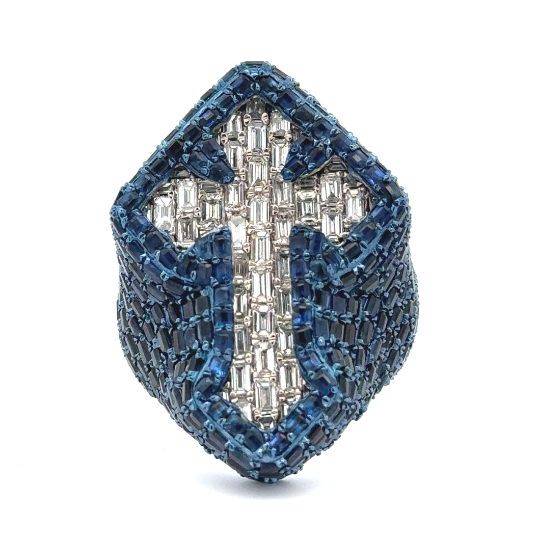 11.92ct Sapphire 14k White Gold Cross Ring with Emerald Cut Diamonds