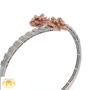 Gold and Diamond Twin Flower Bangle Bracelet with Round and Baguette Diamonds (choose your color)