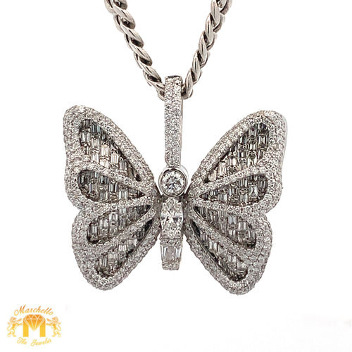 3.42ct diamonds 14k White Gold Butterfly Pendant with Emerald cut and Round Diamonds and 14k white gold Cuban Link Chain Set