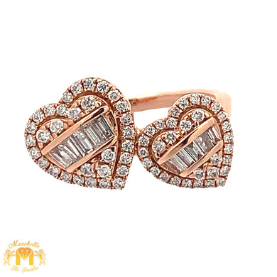 14k Gold and Diamond Twin Heart Ring with Round and Baguette Diamonds (choose your color)