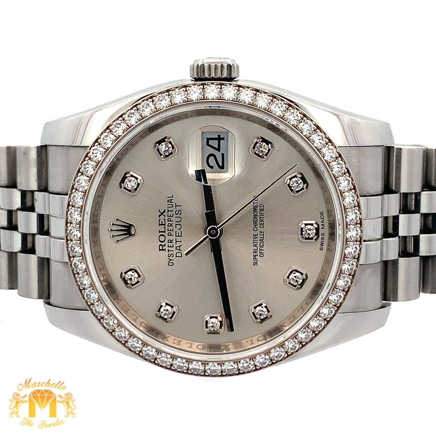 4 piece deal: Full factory 36mm Rolex Diamond Watch with Stainless Steel Jubilee Band + White Gold & Diamond Twin Square Bangle + Gold & Diamond Flower Earrings + Gift