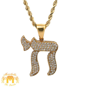 14k Yellow Gold and Diamond Chai Pendant and 14k Yellow Gold Rope Chain