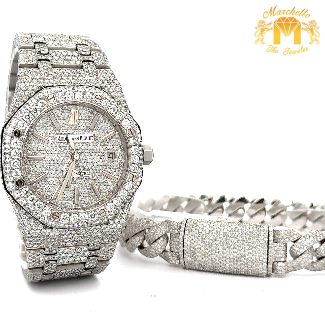 4 piece deal: 39mm Iced out Audemars Piguet AP Watch + 14k White Gold Solid and Diamond  Bracelet + Complimentary Earrings + Gift from MTJ