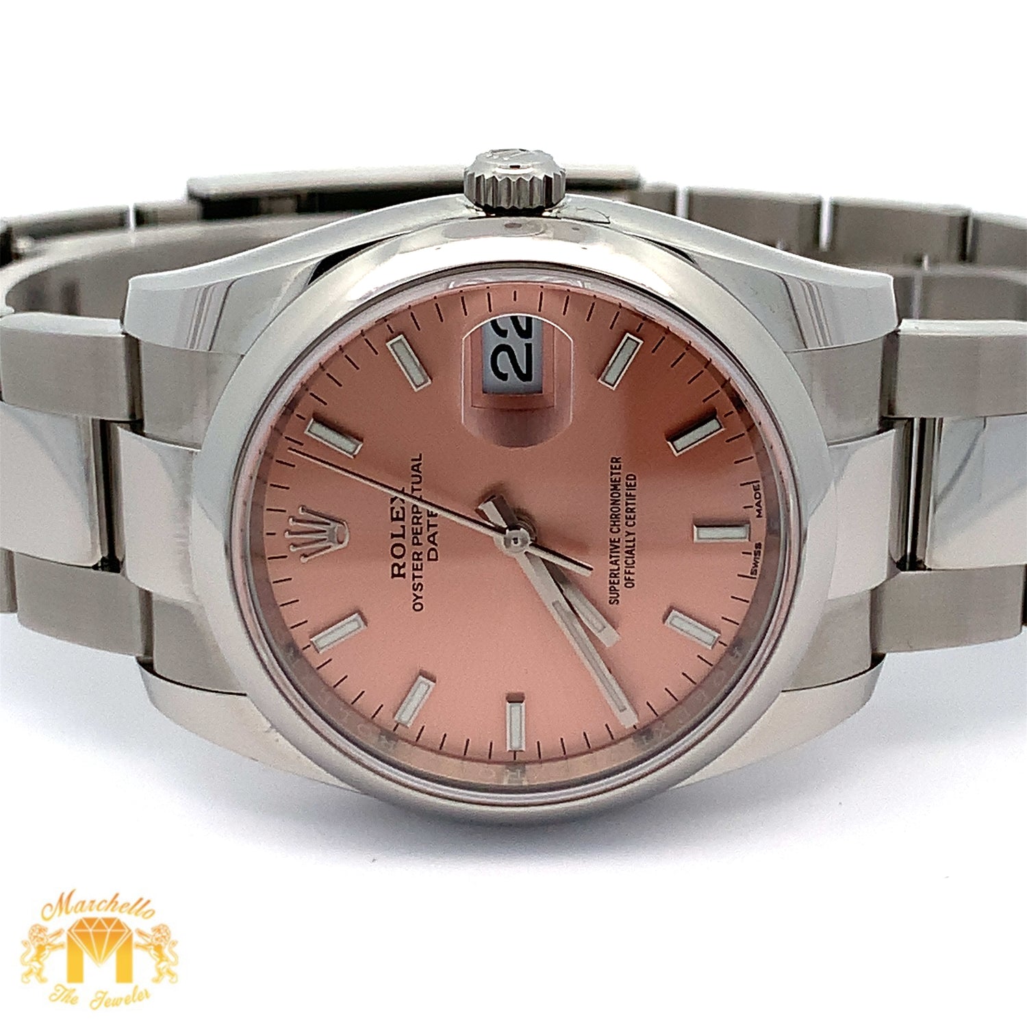 34mm Rolex Watch with Stainless Steel Oyster Bracelet (smooth bezel, salmon dial)