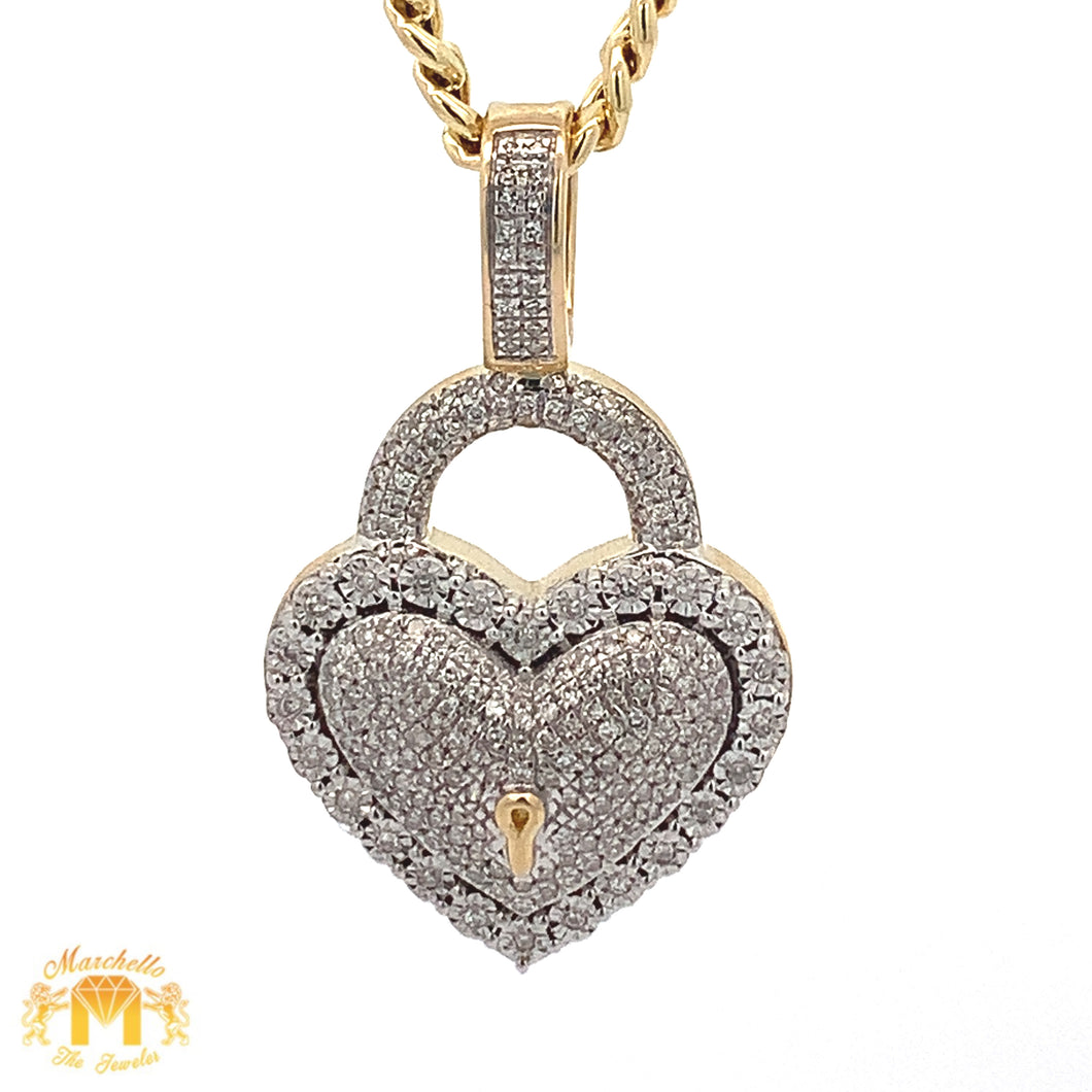 Yellow Gold and Diamond Heart Lock Pendant with Round Diamonds and Yellow Gold Cuban Link Chain Set