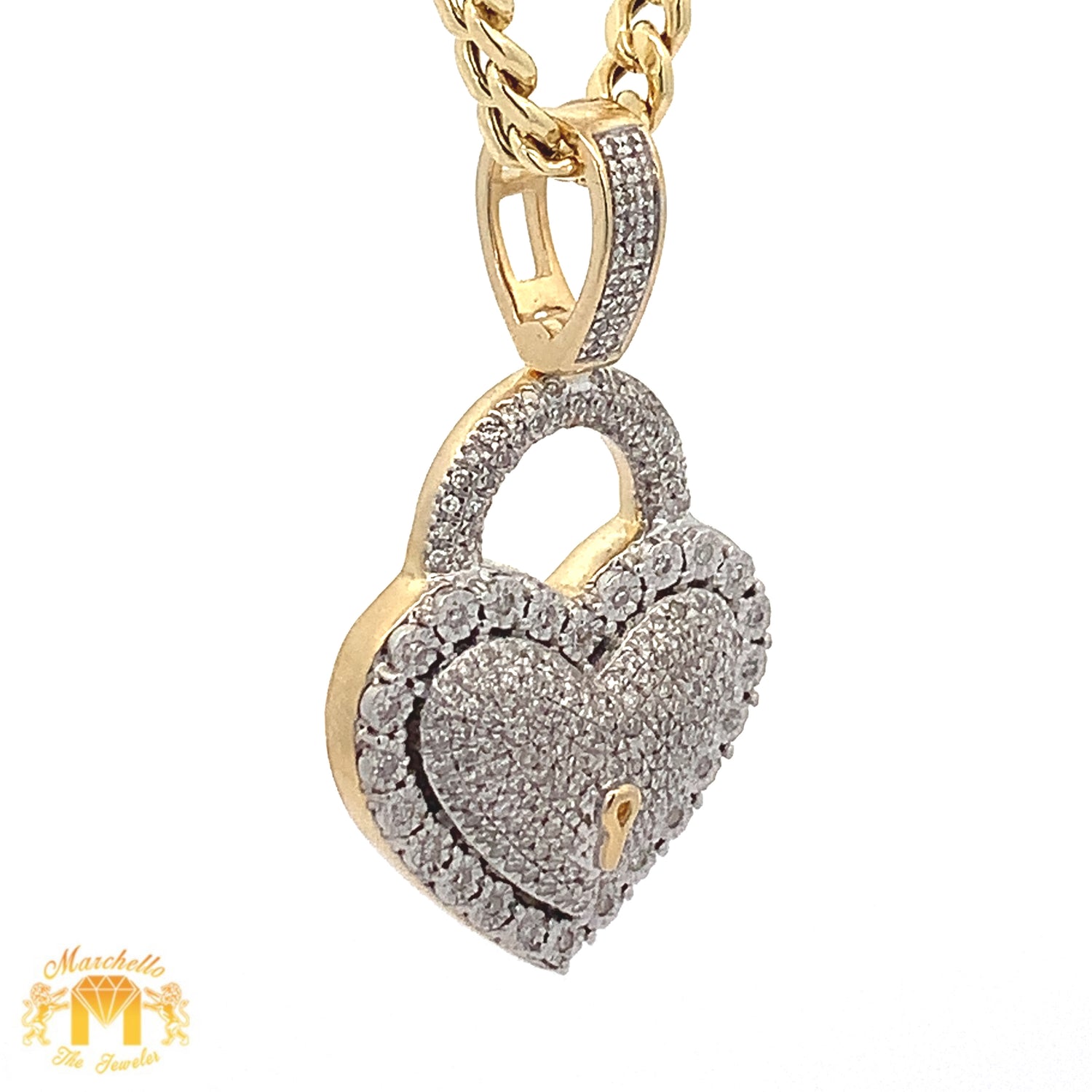Yellow Gold and Diamond Heart Lock Pendant with Round Diamonds and Yellow Gold Cuban Link Chain Set