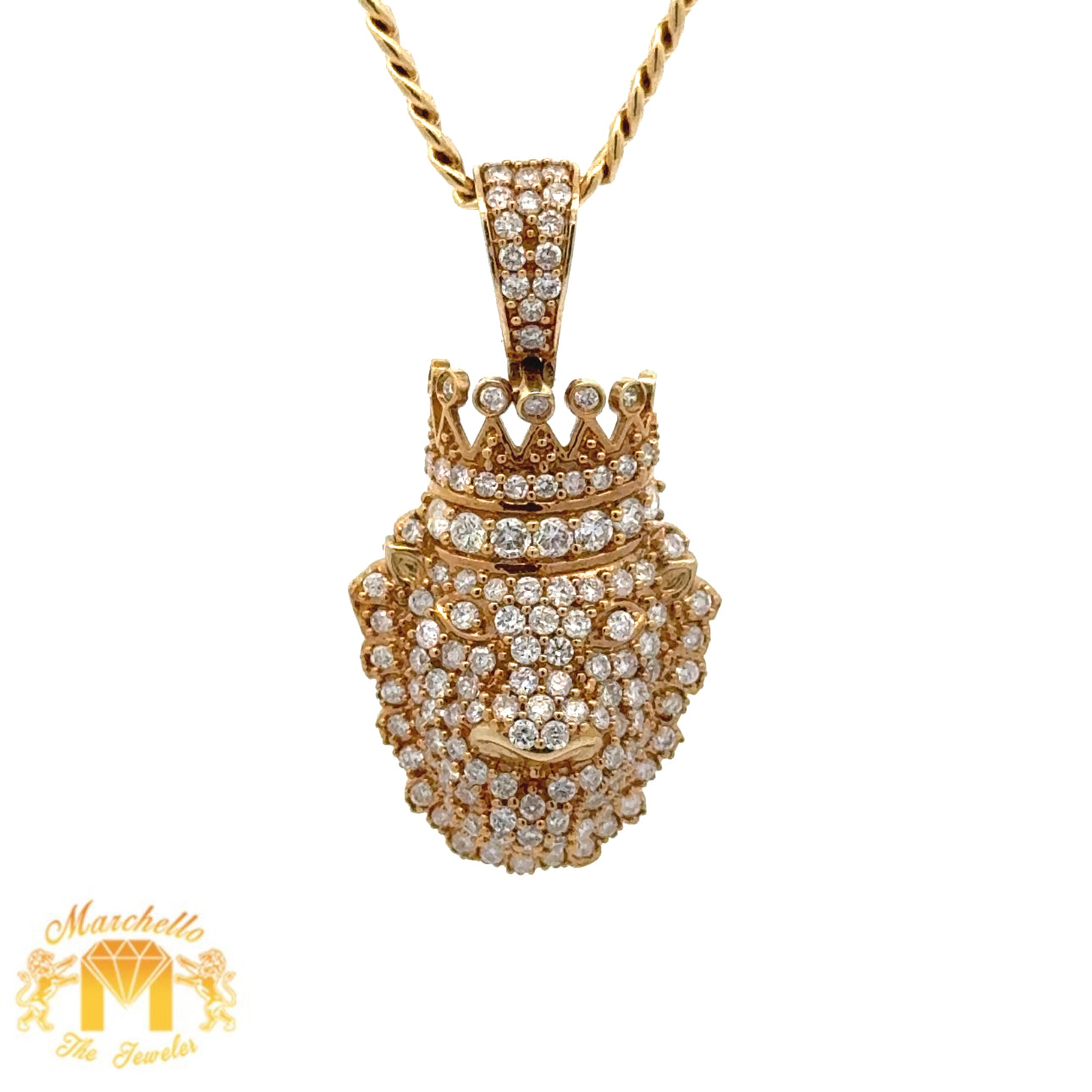 14k Yellow Gold and Diamond King Lion with Round Diamonds and 14k Yellow Gold Cuban Link Chain