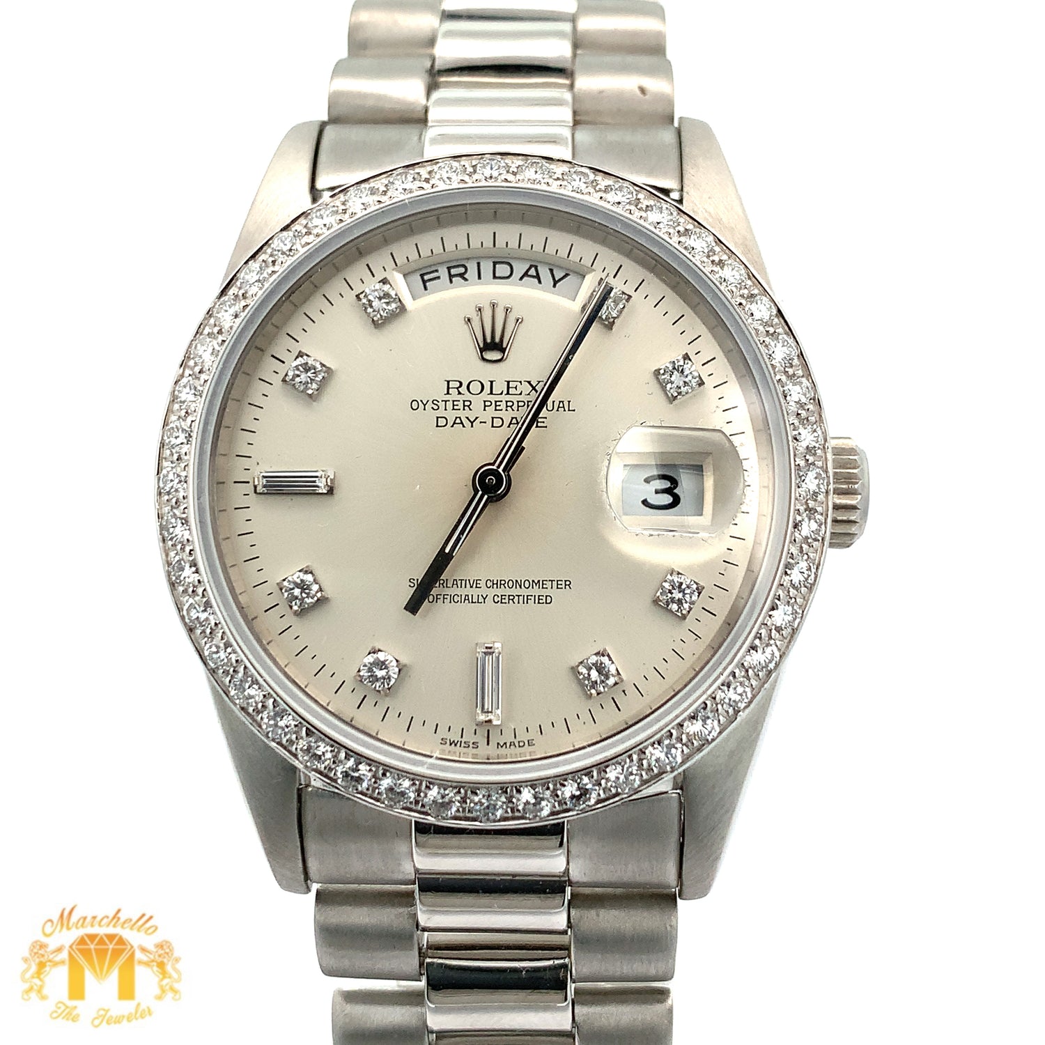 36mm 18k White Gold Rolex Day-Date Platinum Diamond Watch (diamond bezel and dial)